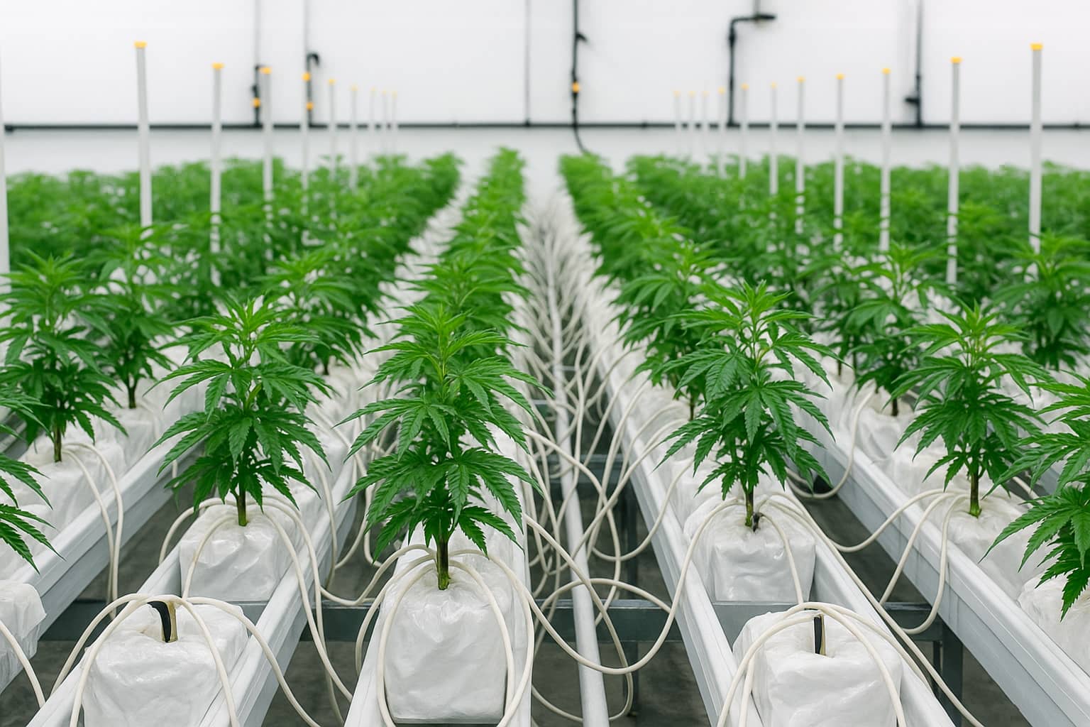 Cannabis cultivation facility with hydroponic systems using Sublime Environmental ozone water treatment technology for biofilm prevention and plant health