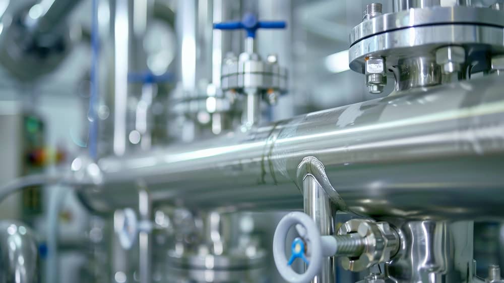 Clean pharmaceutical manufacturing facility with steel pipes and valves using Sublime Environmental ozone sanitation systems for regulatory compliance