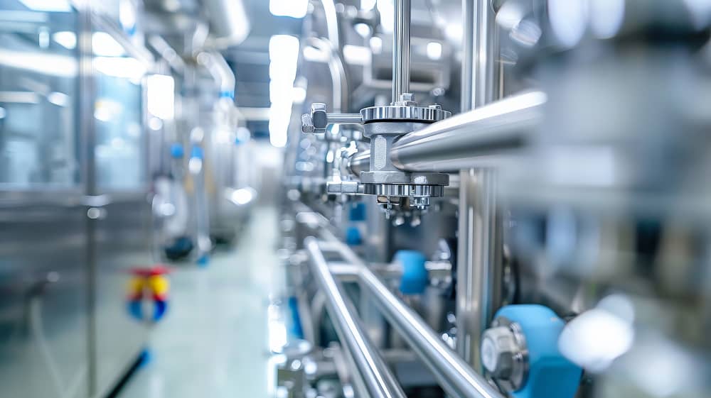 Clean dairy processing facility with sterile stainless steel pipes using Sublime Environmental water treatment system for superior sanitation
