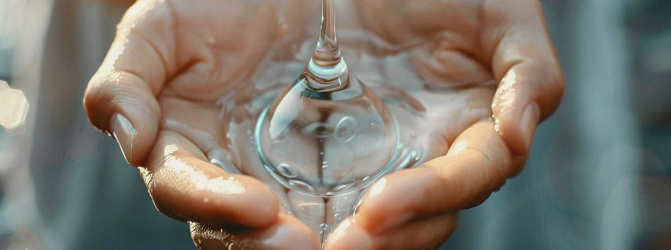 Hands carefully holding clear water droplet representing Sublime Environmental’s expert technical resources and precision in water quality analysis