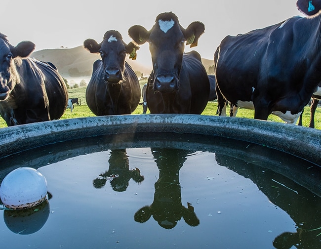 Dairy cows drinking from water trough treated with Sublime Environmental solutions for livestock health and safety